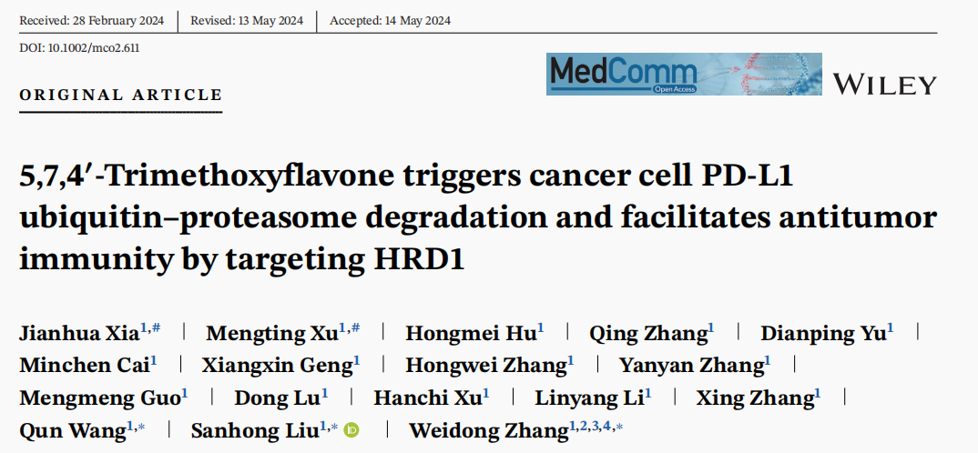 sunbet申搏官网刘三宏和海军军医大学张卫东团队发表论文揭示中药来源的小分子芹菜素三甲醚的抗肿瘤作用机制